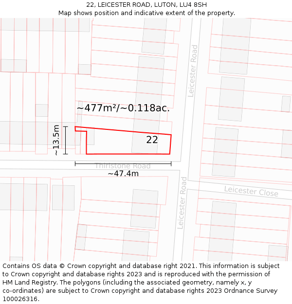 22, LEICESTER ROAD, LUTON, LU4 8SH: Plot and title map