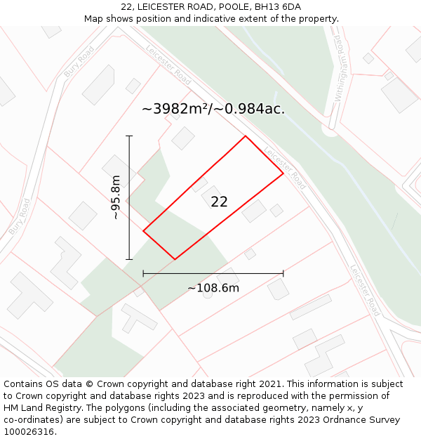 22, LEICESTER ROAD, POOLE, BH13 6DA: Plot and title map