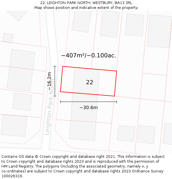 22, LEIGHTON PARK NORTH, WESTBURY, BA13 3RL: Plot and title map