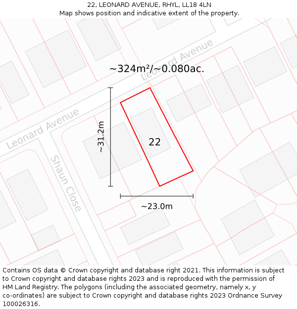 22, LEONARD AVENUE, RHYL, LL18 4LN: Plot and title map