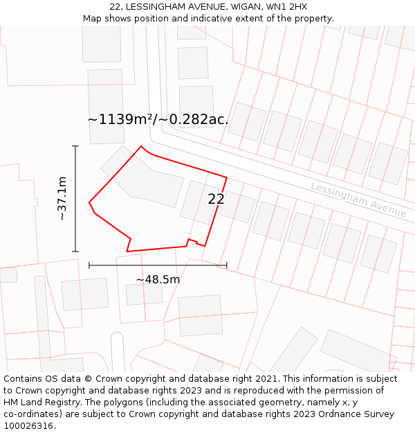 22, LESSINGHAM AVENUE, WIGAN, WN1 2HX: Plot and title map