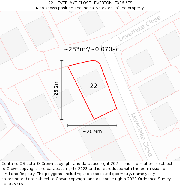 22, LEVERLAKE CLOSE, TIVERTON, EX16 6TS: Plot and title map