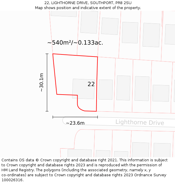 22, LIGHTHORNE DRIVE, SOUTHPORT, PR8 2SU: Plot and title map