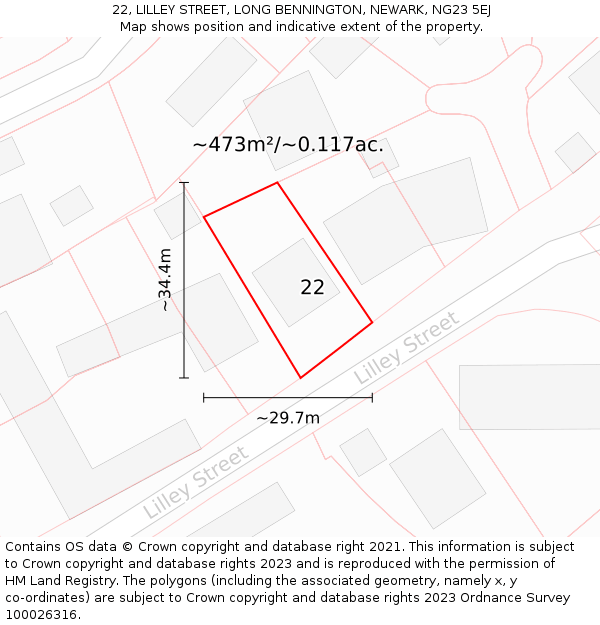 22, LILLEY STREET, LONG BENNINGTON, NEWARK, NG23 5EJ: Plot and title map