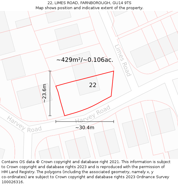 22, LIMES ROAD, FARNBOROUGH, GU14 9TS: Plot and title map