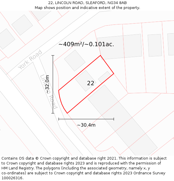 22, LINCOLN ROAD, SLEAFORD, NG34 8AB: Plot and title map
