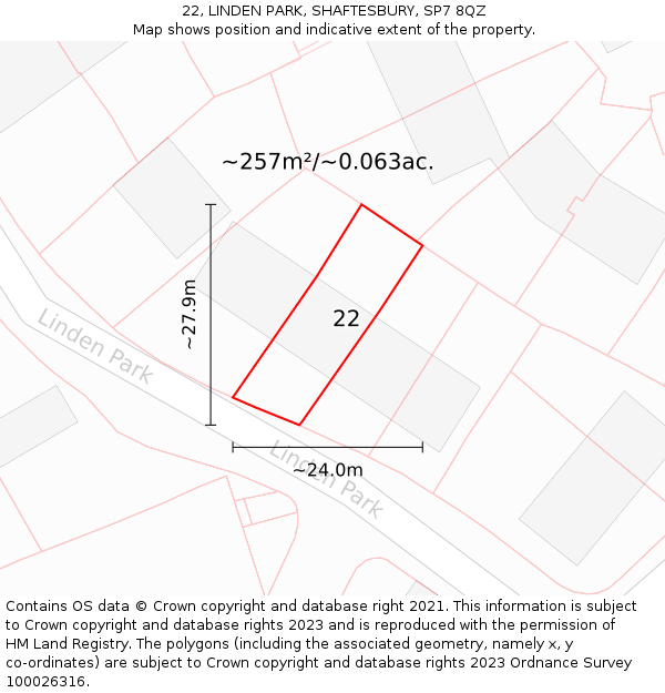 22, LINDEN PARK, SHAFTESBURY, SP7 8QZ: Plot and title map