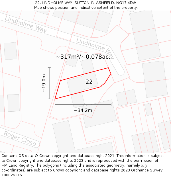 22, LINDHOLME WAY, SUTTON-IN-ASHFIELD, NG17 4DW: Plot and title map