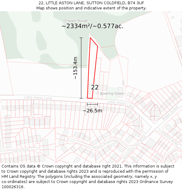 22, LITTLE ASTON LANE, SUTTON COLDFIELD, B74 3UF: Plot and title map