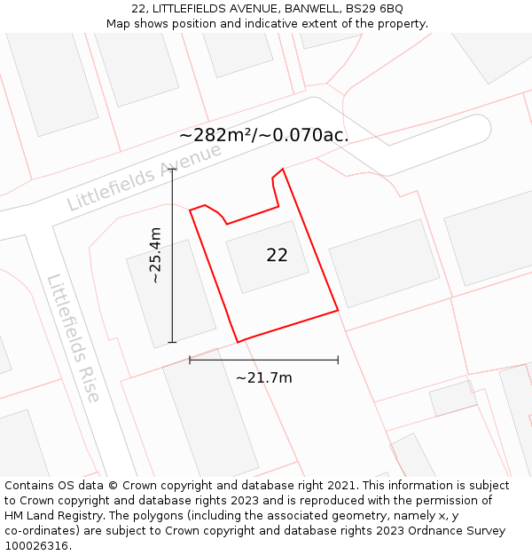 22, LITTLEFIELDS AVENUE, BANWELL, BS29 6BQ: Plot and title map