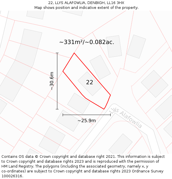 22, LLYS ALAFOWLIA, DENBIGH, LL16 3HX: Plot and title map