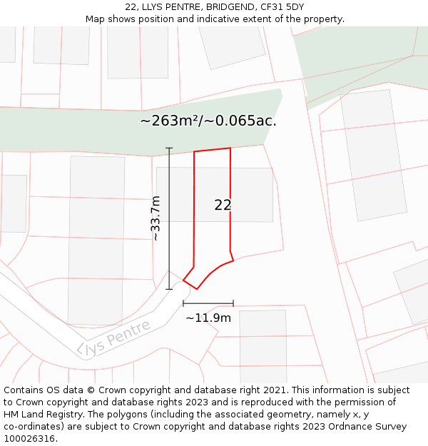 22, LLYS PENTRE, BRIDGEND, CF31 5DY: Plot and title map