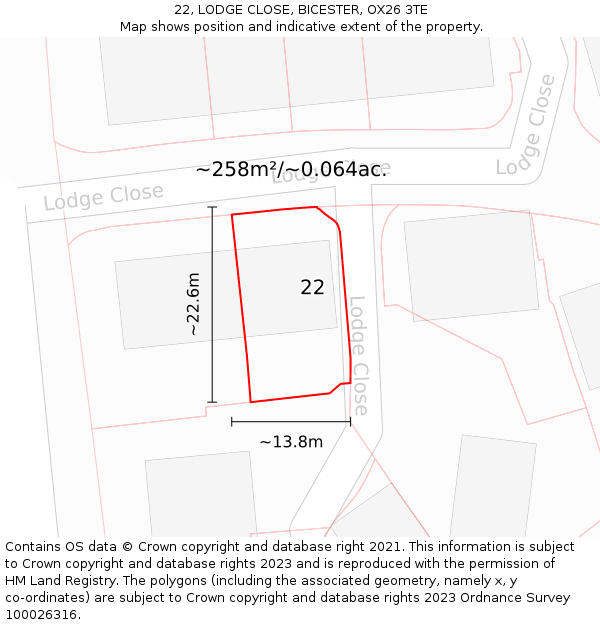 22, LODGE CLOSE, BICESTER, OX26 3TE: Plot and title map