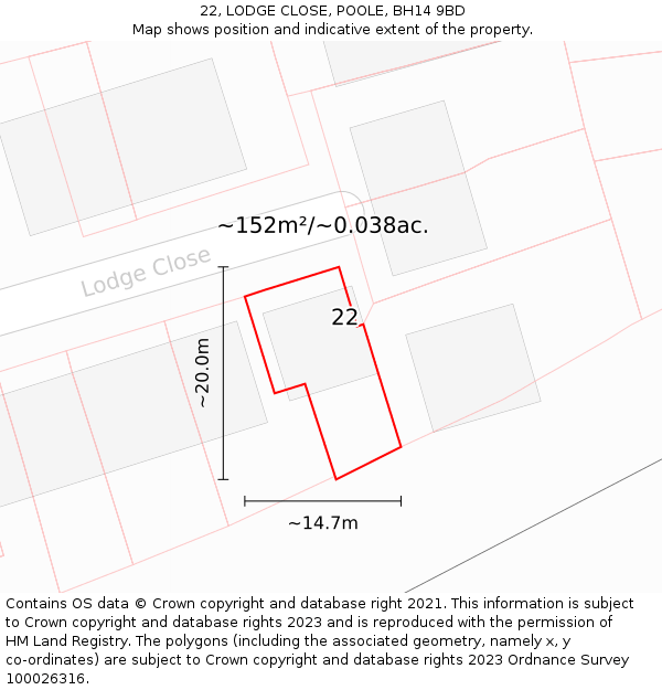 22, LODGE CLOSE, POOLE, BH14 9BD: Plot and title map