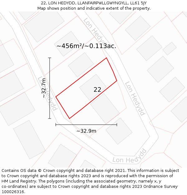 22, LON HEDYDD, LLANFAIRPWLLGWYNGYLL, LL61 5JY: Plot and title map