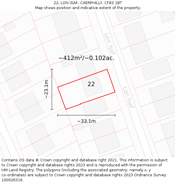 22, LON ISAF, CAERPHILLY, CF83 1BT: Plot and title map