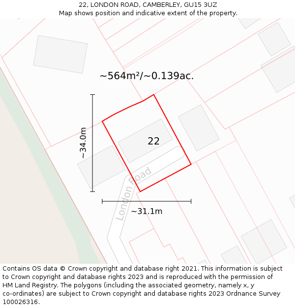 22, LONDON ROAD, CAMBERLEY, GU15 3UZ: Plot and title map