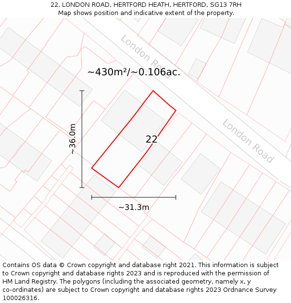 22, LONDON ROAD, HERTFORD HEATH, HERTFORD, SG13 7RH: Plot and title map