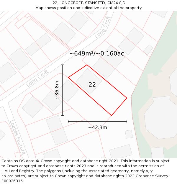 22, LONGCROFT, STANSTED, CM24 8JD: Plot and title map