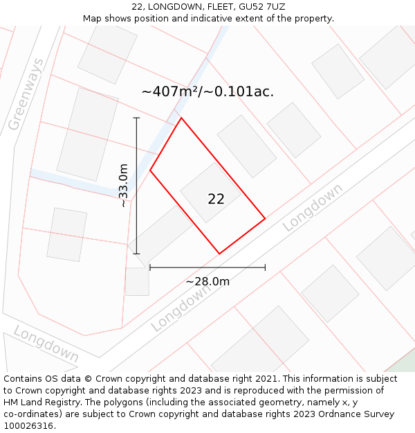 22, LONGDOWN, FLEET, GU52 7UZ: Plot and title map