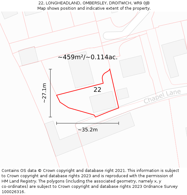 22, LONGHEADLAND, OMBERSLEY, DROITWICH, WR9 0JB: Plot and title map