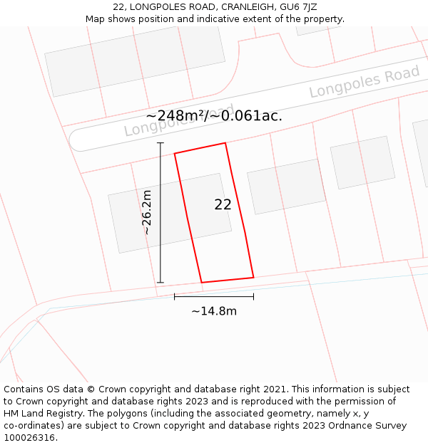 22, LONGPOLES ROAD, CRANLEIGH, GU6 7JZ: Plot and title map