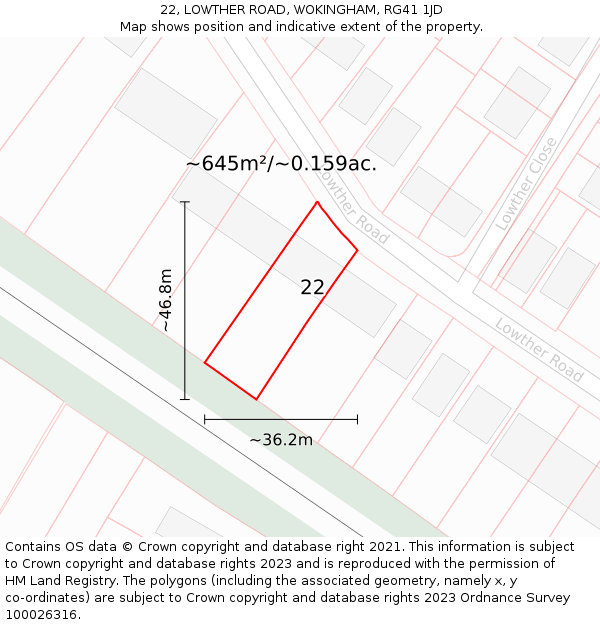 22, LOWTHER ROAD, WOKINGHAM, RG41 1JD: Plot and title map