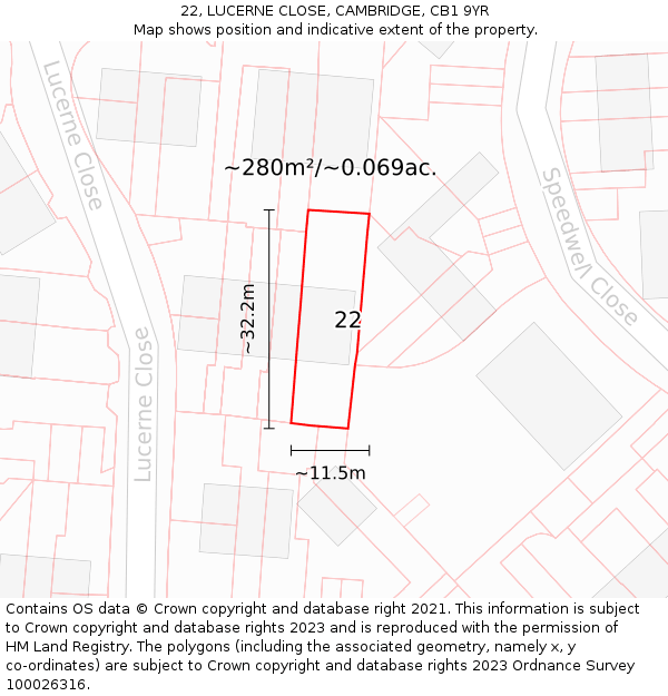 22, LUCERNE CLOSE, CAMBRIDGE, CB1 9YR: Plot and title map