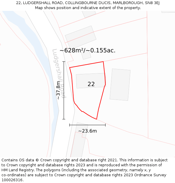 22, LUDGERSHALL ROAD, COLLINGBOURNE DUCIS, MARLBOROUGH, SN8 3EJ: Plot and title map