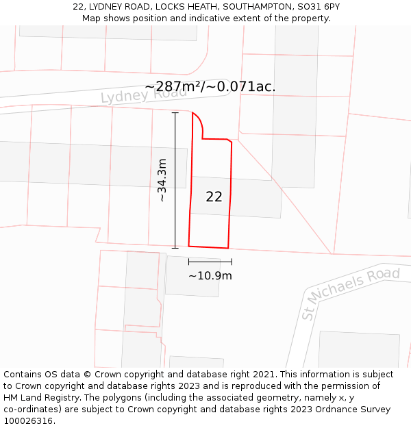 22, LYDNEY ROAD, LOCKS HEATH, SOUTHAMPTON, SO31 6PY: Plot and title map