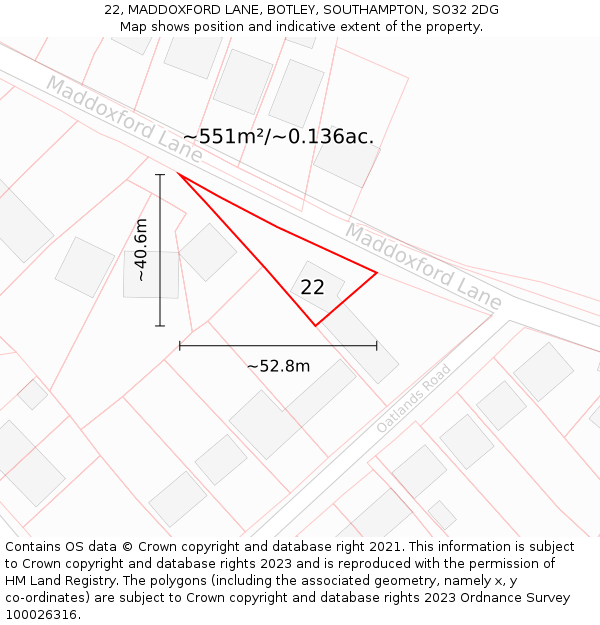 22, MADDOXFORD LANE, BOTLEY, SOUTHAMPTON, SO32 2DG: Plot and title map