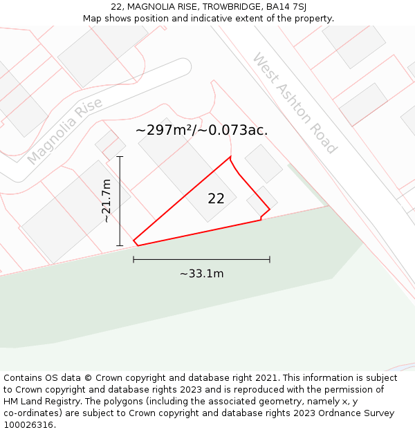 22, MAGNOLIA RISE, TROWBRIDGE, BA14 7SJ: Plot and title map