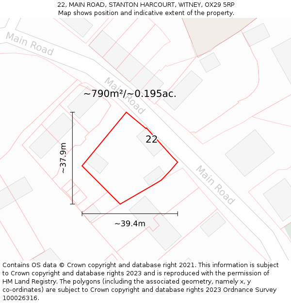 22, MAIN ROAD, STANTON HARCOURT, WITNEY, OX29 5RP: Plot and title map