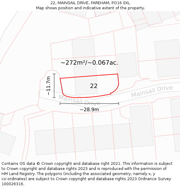 22, MAINSAIL DRIVE, FAREHAM, PO16 0XL: Plot and title map