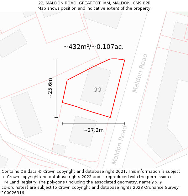 22, MALDON ROAD, GREAT TOTHAM, MALDON, CM9 8PR: Plot and title map