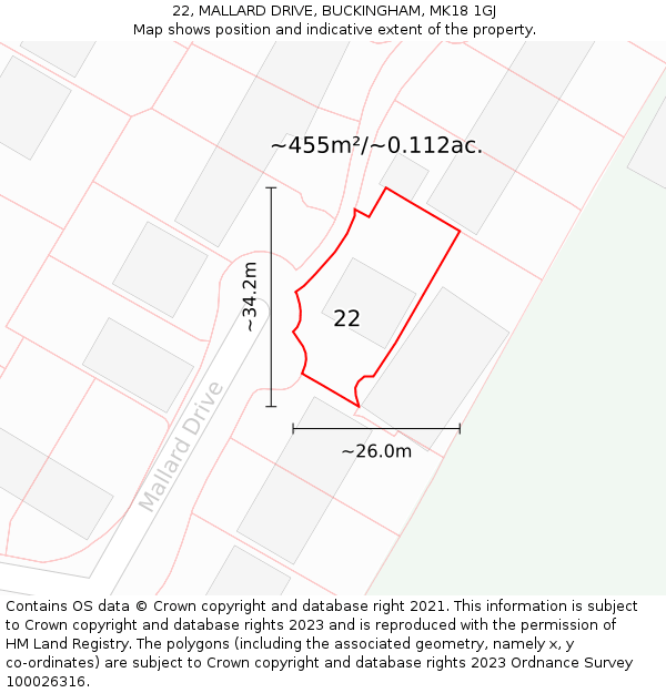 22, MALLARD DRIVE, BUCKINGHAM, MK18 1GJ: Plot and title map