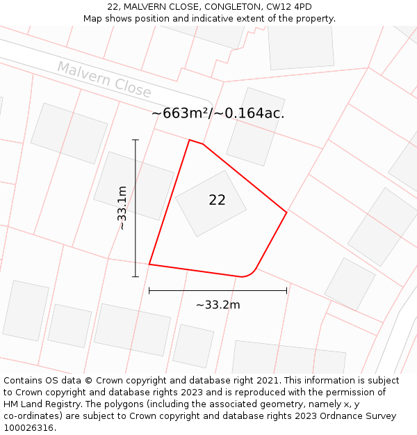 22, MALVERN CLOSE, CONGLETON, CW12 4PD: Plot and title map