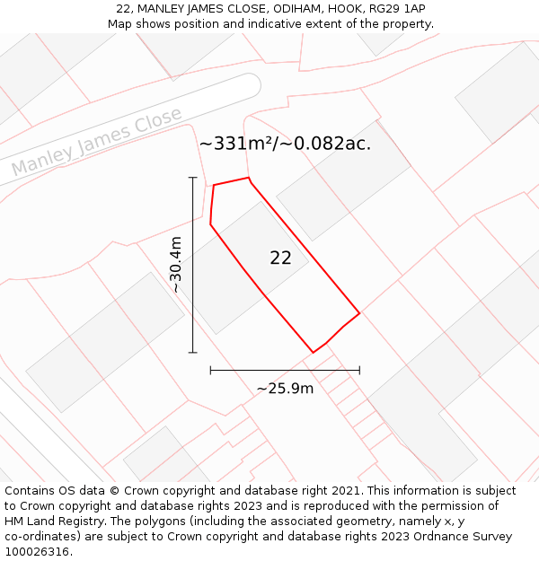 22, MANLEY JAMES CLOSE, ODIHAM, HOOK, RG29 1AP: Plot and title map