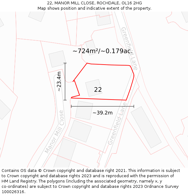 22, MANOR MILL CLOSE, ROCHDALE, OL16 2HG: Plot and title map