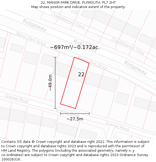 22, MANOR PARK DRIVE, PLYMOUTH, PL7 2HT: Plot and title map