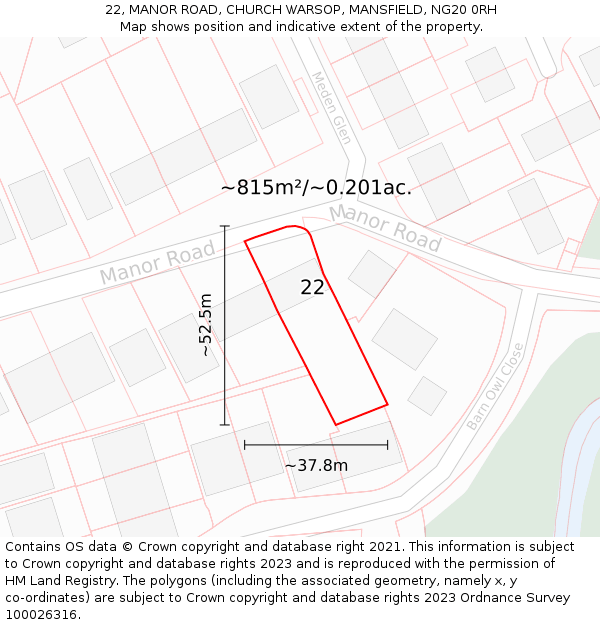 22, MANOR ROAD, CHURCH WARSOP, MANSFIELD, NG20 0RH: Plot and title map