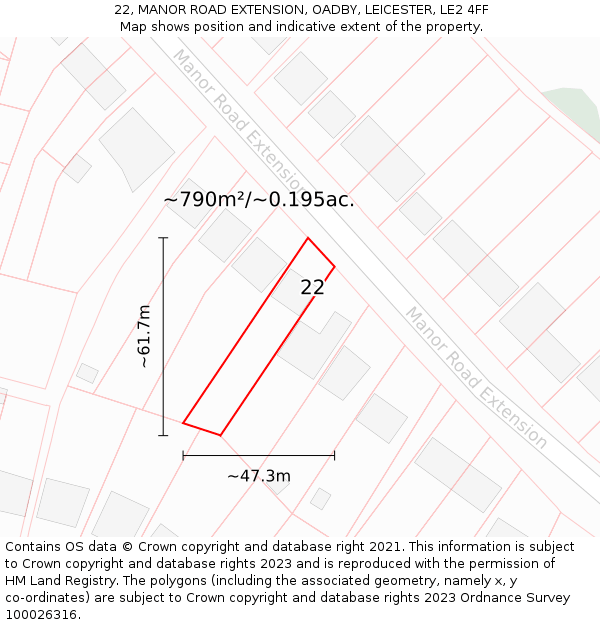 22, MANOR ROAD EXTENSION, OADBY, LEICESTER, LE2 4FF: Plot and title map