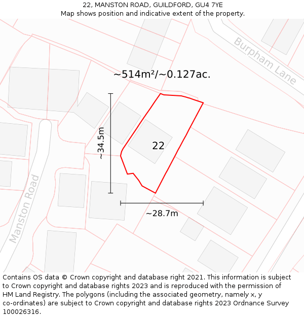 22, MANSTON ROAD, GUILDFORD, GU4 7YE: Plot and title map