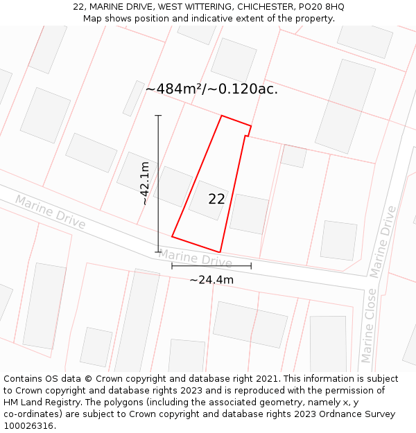 22, MARINE DRIVE, WEST WITTERING, CHICHESTER, PO20 8HQ: Plot and title map