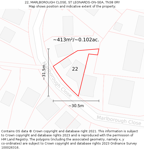 22, MARLBOROUGH CLOSE, ST LEONARDS-ON-SEA, TN38 0RY: Plot and title map