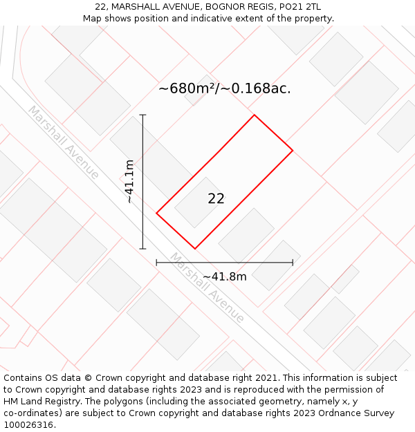 22, MARSHALL AVENUE, BOGNOR REGIS, PO21 2TL: Plot and title map