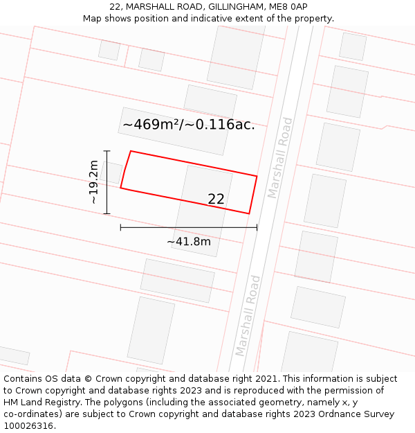 22, MARSHALL ROAD, GILLINGHAM, ME8 0AP: Plot and title map