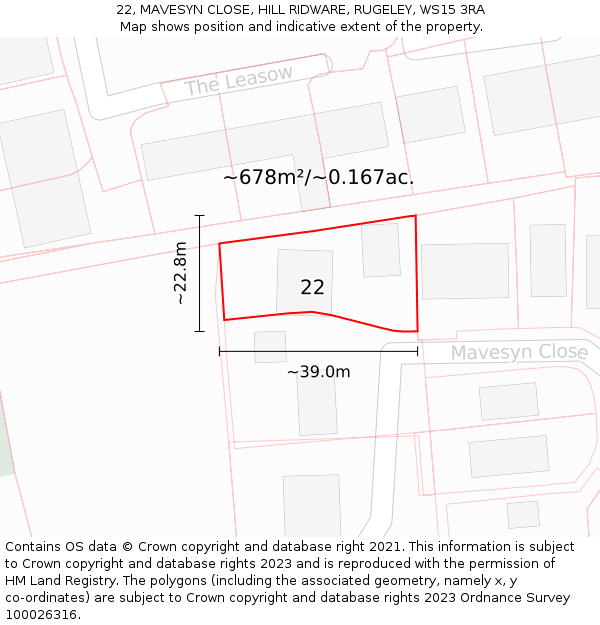 22, MAVESYN CLOSE, HILL RIDWARE, RUGELEY, WS15 3RA: Plot and title map