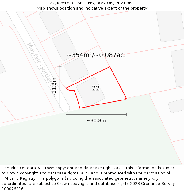 22, MAYFAIR GARDENS, BOSTON, PE21 9NZ: Plot and title map