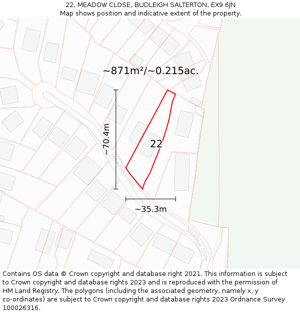 22, MEADOW CLOSE, BUDLEIGH SALTERTON, EX9 6JN: Plot and title map